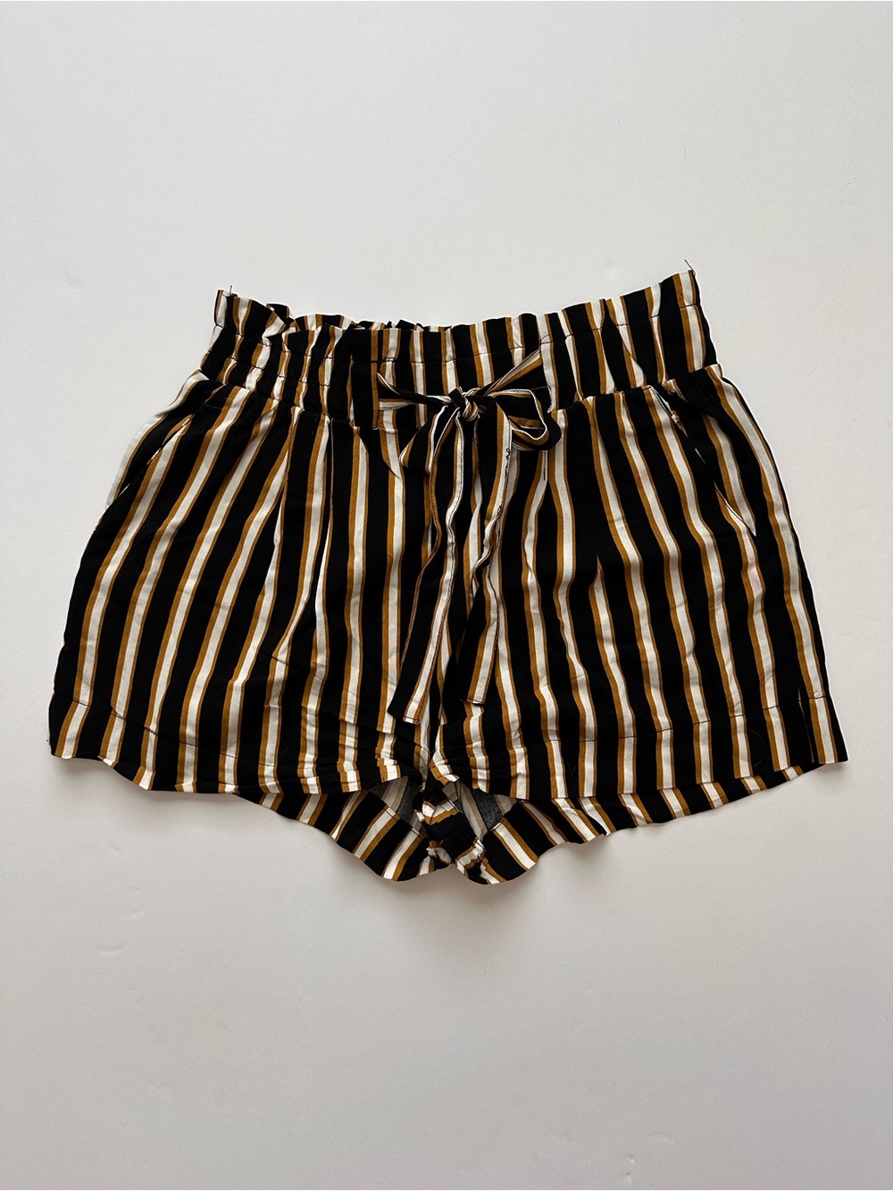 Ambiance Apparel Black, Tan & White Striped High-Waist Shorts